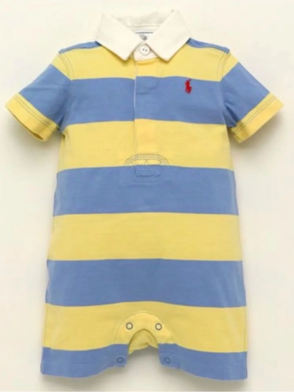 Ralph Lauren Baby Striped Rugby Shortall Romper Yellow Blue 9M Pony Logo NWT